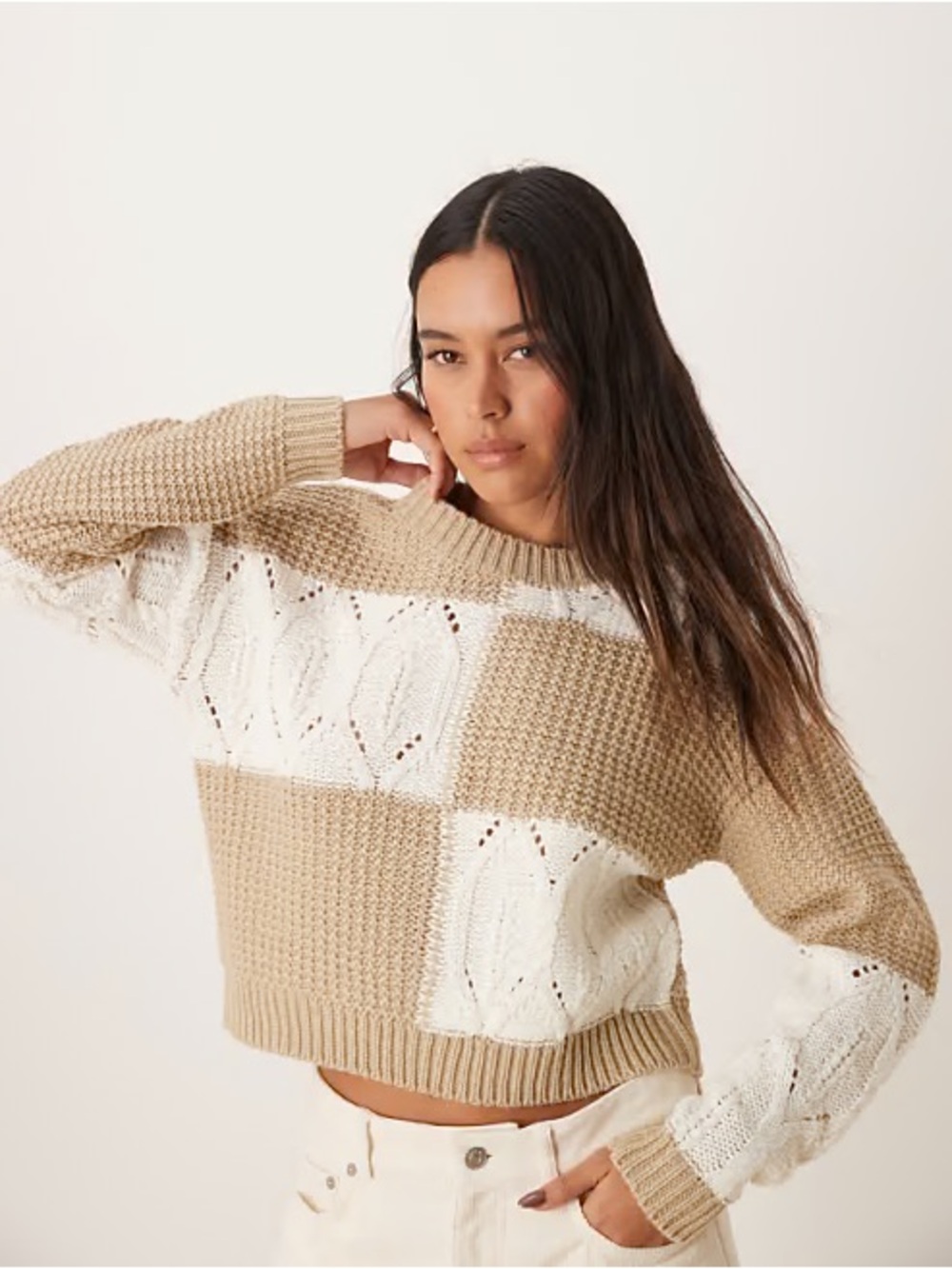 Altar’d State Beige and White Patchwork Cable Knit Sweater